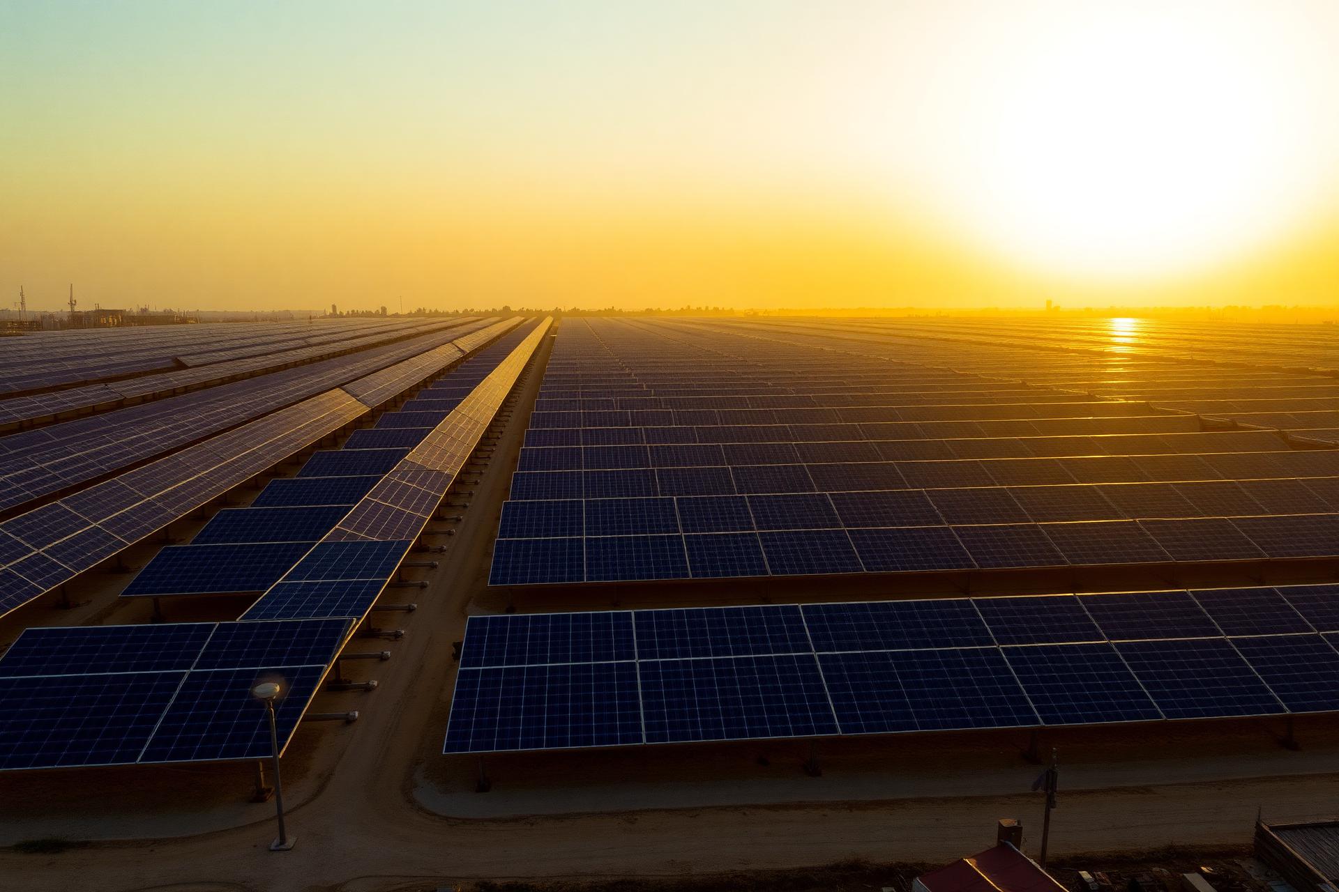 Planta de paneles solares fotovoltaicos al atardecer